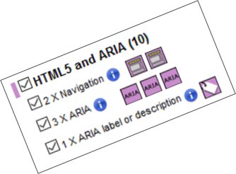 Image of checklist from Web Accessibility Evaluation Tool showing check marks for HTML5 and ARIA markup